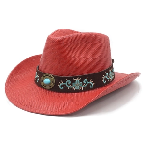 Red straw western cowboy hat with embroidered band and turquoise buckle detail