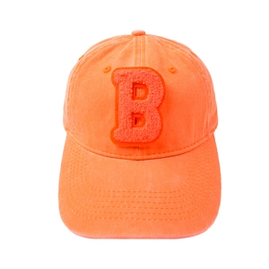 Neon orange baseball cap with a large chenille letter B patch on a high-quality cotton fabric