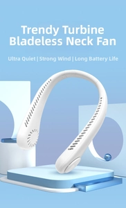 Detail of white bladeless neck fan with U-shaped turbo air vents and silent motor