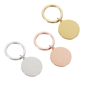 Polished stainless steel round keychains in silver, gold, and rose gold finishes