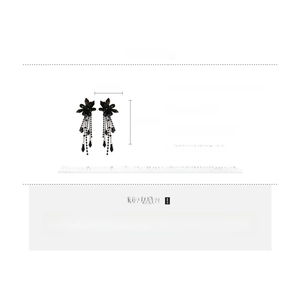 Detail view of black crystal flower tassel earrings with copper material and dimensions