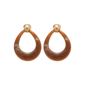 Minimalist resin teardrop earrings in brown marble finish with gold metal studs