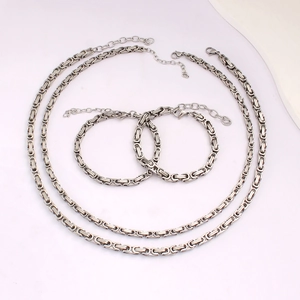 Polished silver stainless steel Byzantine chain set with 2 necklaces and 2 bracelets