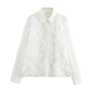 Camicetta Elegante Da Donna A Maniche Lunghe Bianca Camicia In Pizzo Mesh Trasparente Con Revers E Frange