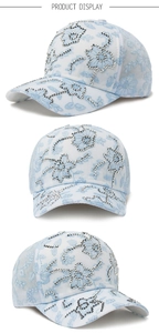 Detailed views of light blue lace baseball cap with floral embroidery and rhinestones