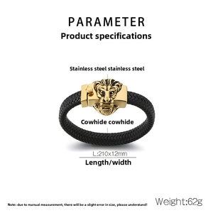 Detail of woven leather bracelet featuring gold stainless steel lion head relief clasp