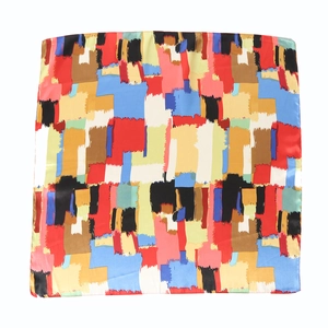 Colorful square silk scarf with multi-color abstract geometric print on white background