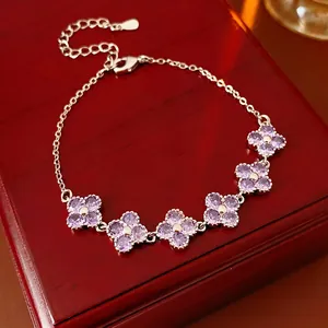 Elegant Flower Bracelet For Women Copper With Purple Zircon Clover Design Adjustable Silver Plated Jewelry