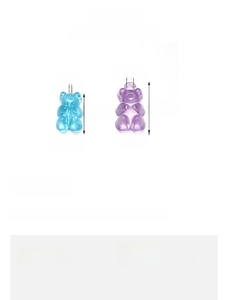 Size chart for acrylic gummy bear pendants with detailed dimensions in blue and purple