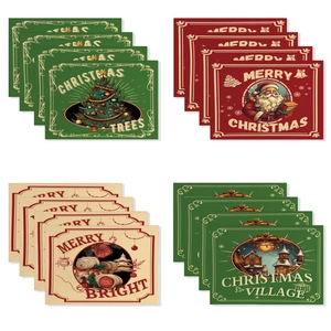 Christmas Placemats Waterproof Linen Cotton Blend Holiday Dinner Table Decor Vintage Santa Christmas Tree Prints Heat Resistant