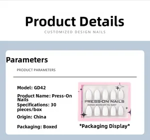 Detail view of white almond gel press-on nails in GD42 packaging with 30 pieces