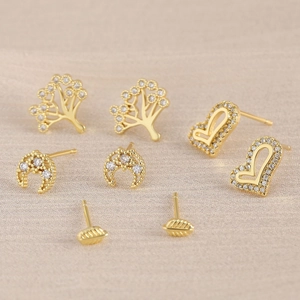 Gold Plated Copper Zircon Stud Earrings Heart Tree Of Life Moon Leaf Geometric Dainty Fashion Jewelry For Women