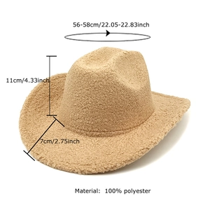 Chapeau de cowboy western en laine d'agneau kaki à large bord pour femmes hiver
