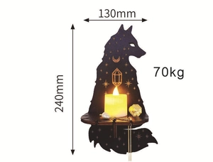 Wolf silhouette wooden shelf dimensions showing 130mm width, 240mm height and 70kg capacity