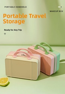 Three 14-inch mini hardshell travel suitcases in cream, nude pink, and mint green
