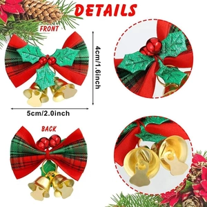Detailed views of Christmas ribbon bows with holly berries and gold bells for crafts