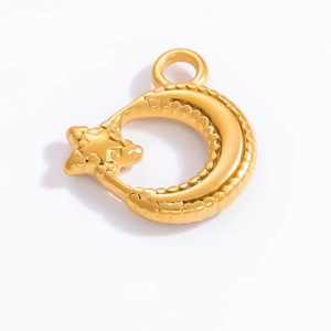 18k gold-plated stainless steel crescent moon and star charm pendant with beaded edge