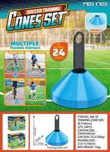 Blue soccer cone set including 24 training discs with a storage holder for sports drills