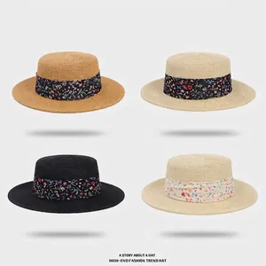Chapeau De Paille Boater Pour Femmes Large Bord Protection Solaire Nœud Ruban Floral Pastoral Été Plage Élégant Plat