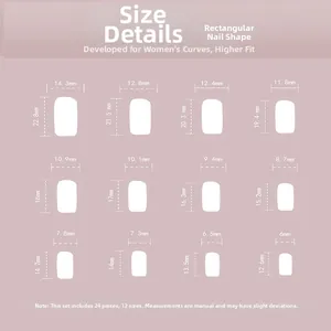 Size chart showing 12 different dimensions for long square press-on nails with measurements
