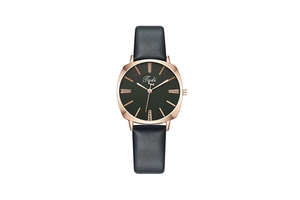 Detail of square rose gold watch case with green dial and black leather strap