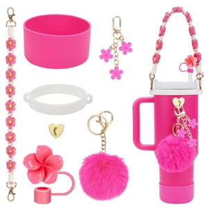 Set de accesorios rosa para taza Stanley con colgantes de flores y pompón suave