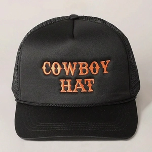 Classic black Y2K trucker hat with brown COWBOY HAT embroidery and mesh back