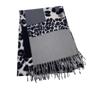 Leopard print cashmere-like scarf with color block patchwork and fringe tassels