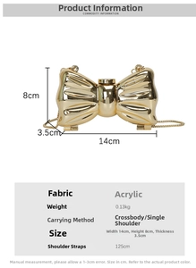 Detailed size specifications for acrylic bow evening bag in mirror gold finish