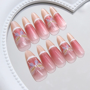 Handmade Press On Nails ABS Cat Eye Butterfly French Blush Gradient Long Almond Shape Elegant Fake Nails For Women