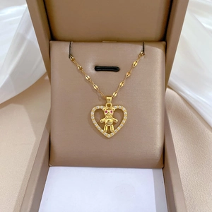Heart Bear Pendant Necklace Stainless Steel Chain Copper Zirconia Inlaid Red Eyes Gold Color Jewelry For Women
