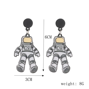 Detail view of astronaut dangle earrings with dimensions 6cm by 3cm and 8g weight