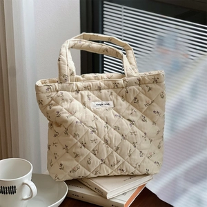 Sac À Main Cabas Matelassé Velours Côtelé Rembourré Portable Imprimé Floral Coeur Style Littéraire Pour Femmes