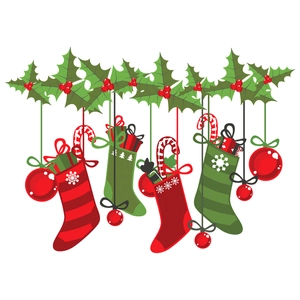 Christmas wall stickers featuring red and green stockings, ornaments, and holly leaves