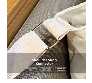 Detail of metal D-ring connection and thick woven strap on white canvas bag