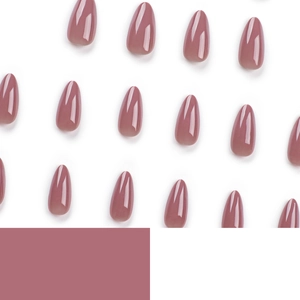 Classic almond-shaped press-on nails in dusty rose pink with a high-gloss finish
