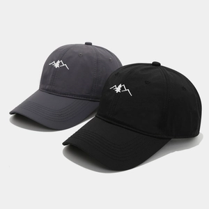 Breathable mountain embroidered baseball cap in dark grey and black with adjustable strap