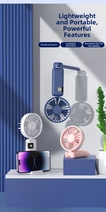 Detail view of foldable mini fans in blue, white, and pink with LED digital power display