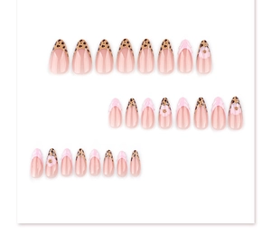 Flat lay of 24 almond-shaped press-on nails with leopard patterns and floral accents