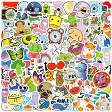 Detail of colorful VSCO style cartoon stickers with animal and botanical designs