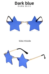 Detailed front and side views of star-shaped dark blue lenses with gold metal frames