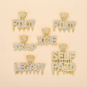 Hip hop gold plated drip bubble letter pendants with crown and iced out diamonds