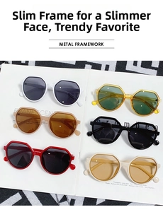 Flat lay of multiple jelly polygon sunglasses in diverse colors on a magazine background