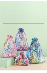 Detail of coral pattern organza drawstring pouches in various sizes and colors