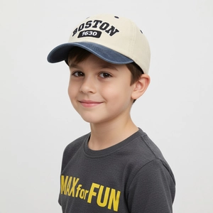 Detail of Boston 1630 embroidery on two-tone kids baseball cap with canvas texture
