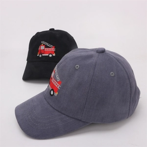 Detail showing high-quality cotton twill kids baseball caps with fire truck embroidery