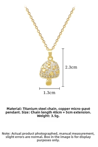 Detailed view showing mushroom pendant dimensions 2.3x1.3cm on a gold steel chain