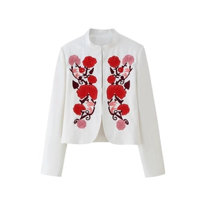 White embroidered jacket with floral patterns and a stand collar in a modern ethnic style