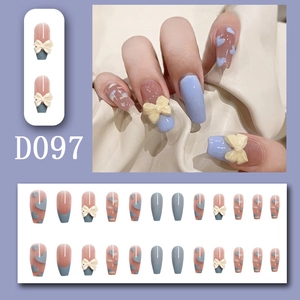 Blue and pink press-on nails set with 3D bows, heart prints, and ballerina shape details