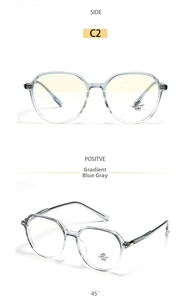 Detail view of transparent blue-gray TR90 frames with anti-blue light and UV400 lenses